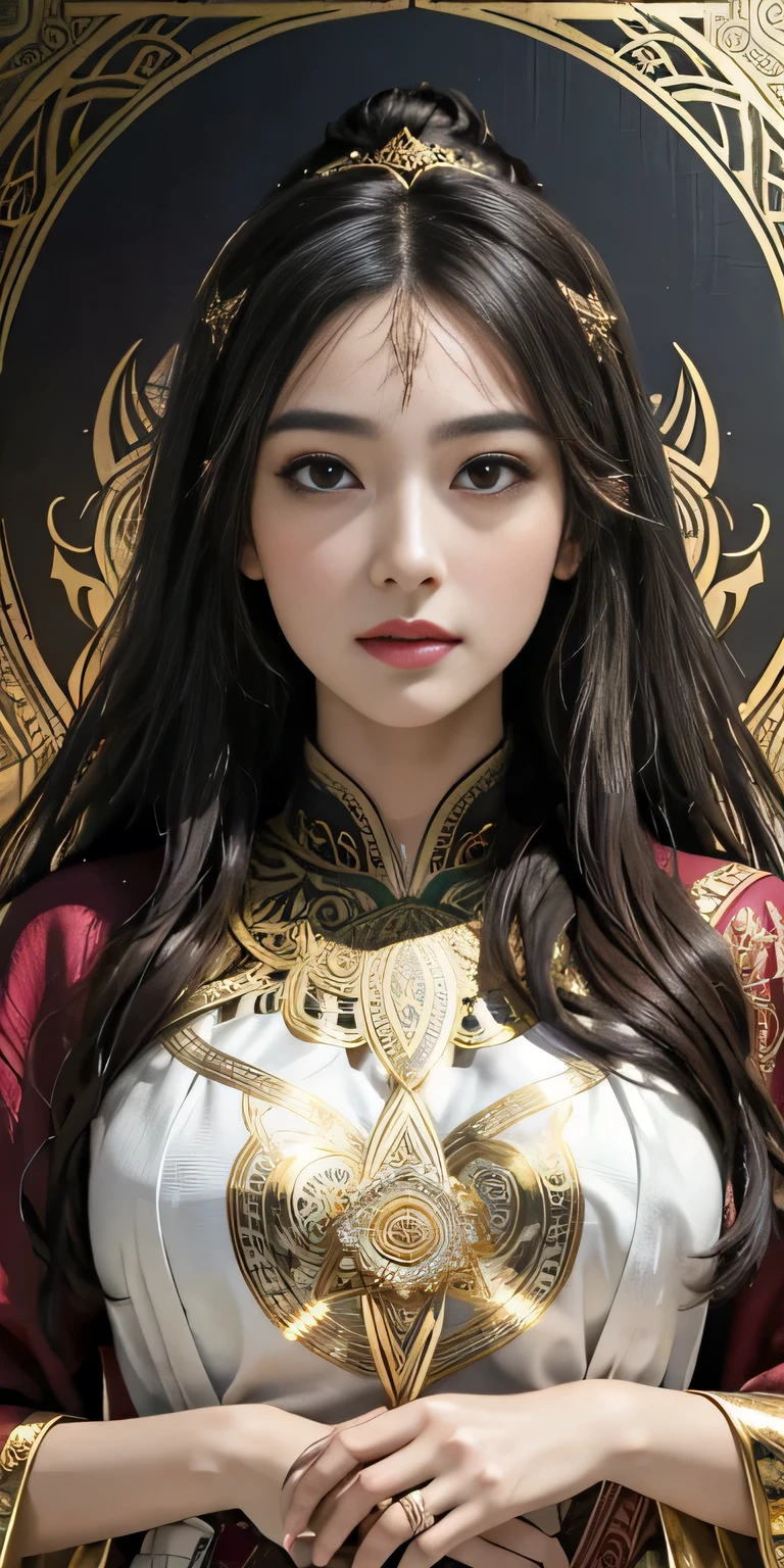 (masterpiece, Highest quality, Highest quality, Official Art, beautiful and aesthetic:1.2), (One girl), Very detailed,colorful,Most detailed, Official Art, unity 8k wallpaper, Super detailed, beautiful and aesthetic, beautiful, masterpiece, Highest quality, (zenTangle, Mandala, Tangle, enTangle) ,Holy Light,Gold foil,Gold leaf art,Sparkly Painting, Perfect NwsjMajic