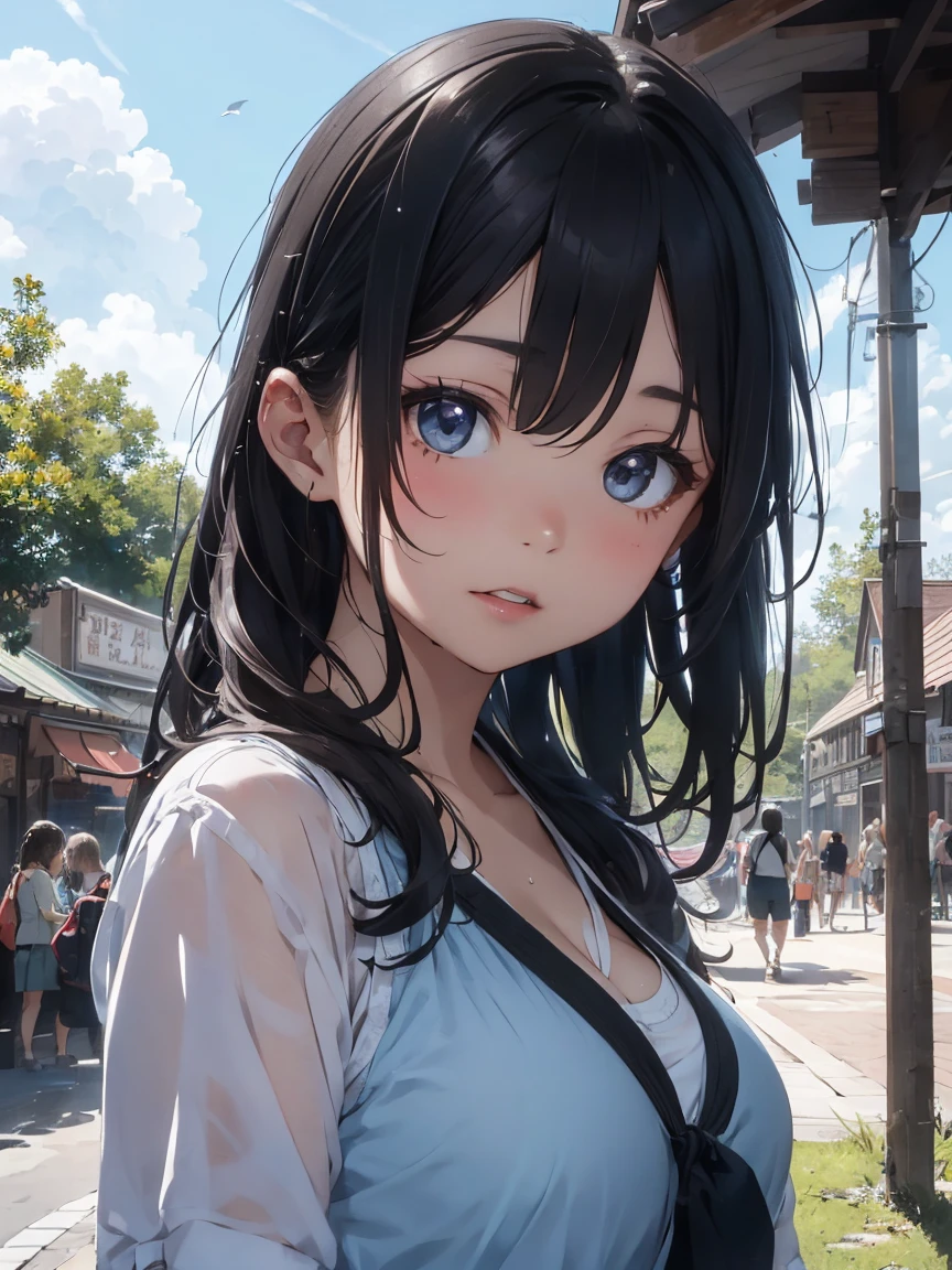 water, Wet, waterしぶき, liquid, sunny, Day, blue sky, cloud, nature, nature環境, (Character Focus:1.1), Sharp focus, Realistic, Very detailed, Super detailed, Highest quality, Highest quality, Realistic lighting, Super detailedな, Hyperrealism, Greg Rutkowski、Large Breasts、Cleavage、Bust Shot、(Short cute girl，Little young student，Young and delicate girl）,（masterpiece，Highest quality)，Long black hair，Light blue sheer shirt，amusement park