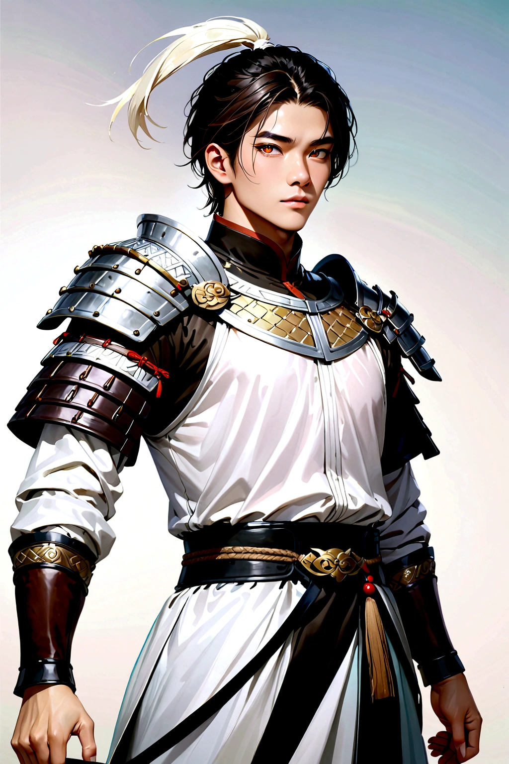 25 year old Chinese man,middle aged man,realistic,chinese_Armor,alone,Background of ancient chinese cities,detailed_eye,shoulder_Armor, pitching,(검은 eye),looking at viewer,(masterpiece:1.2), (best quality:1.2), perfect eye, perfect face, perfect lighting, (8K),(complete anatomy), Nee Shot