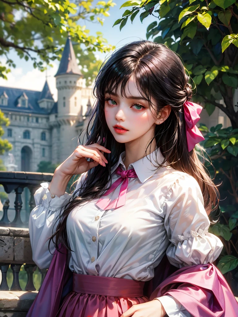 She wears a white shirt with fuchsia skirt. Background a castle