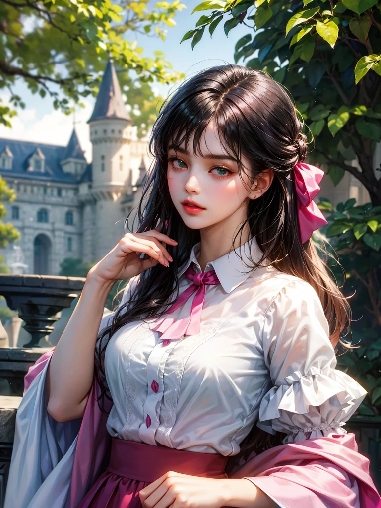 She wears a white shirt with fuchsia skirt. Background a castle