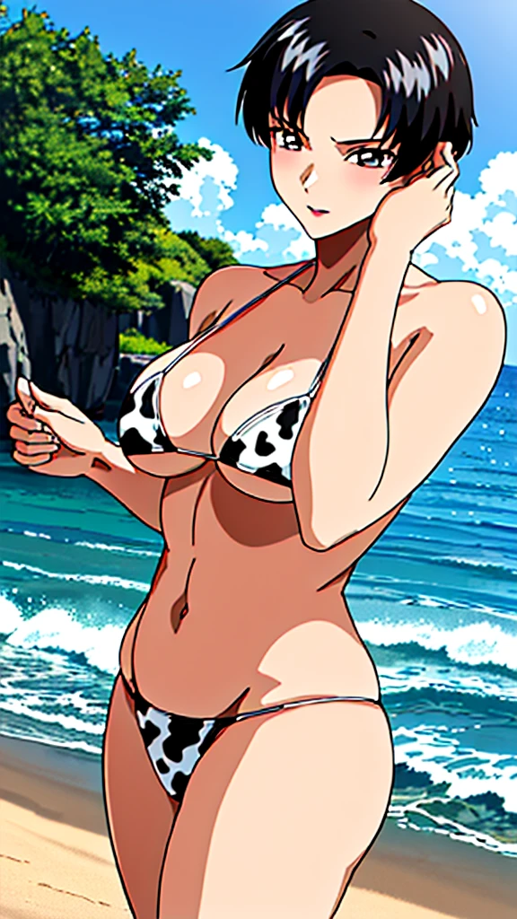 (masterpiece, 4K, Highest quality, anime style: 1.9, Detailed face, Lovely, Ocean,Bold, High resolution, anime, Lake 4. alone, Curvaceous, Very slim belly, Cowboy Shot, Cow print bikini,1 Girl,Black Hair,short hair,Natal Basilur