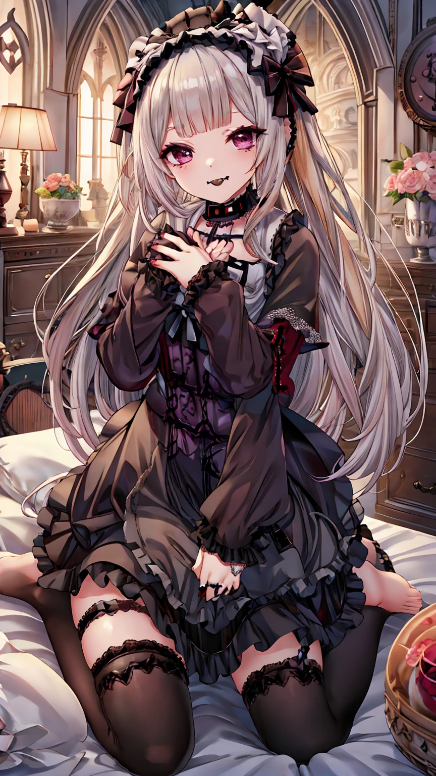 sparklehsr, mask on head, choker, single glove, bracelet, thigh strap break (gothic lolita:2.0), barefoot, barefoot, (wariza:1.5), Half-closed eyes, (On the bed:1.4) break looking at viewer, (Cowboy Shot:1.5), smile,下から構figure, Thighs, セクシー break (masterpiece:1.2), Highest quality, High resolution, unity 8k wallpaper, (figure:0.8), (美しいFine grain:1.6), Highly detailed face, Perfect lighting, Highly detailed CG, (Perfect hands, Perfect Anatomy) break ((masterpiece,Highest quality)), Super detailed, Shine, Shine光, Ray Tracing, (Perfect Face, Detailed face, Fine grain, Perfect hands, Perfect Fingers:1.5), HD, Super cute face, Highest quality, Super detailed break Shine目, (Highest qualityの写実的なイラスト), (Super fine), (Cute illustrations:1.3), (High chroma:1.3),, Beautiful detailed face and eyes, Dynamic lighting, (Very delicate and beautiful) break (Nice hands), (Perfect hands:1.4), Highly detailed illustration, Super cute and beautiful, Highest quality, slender, ,,