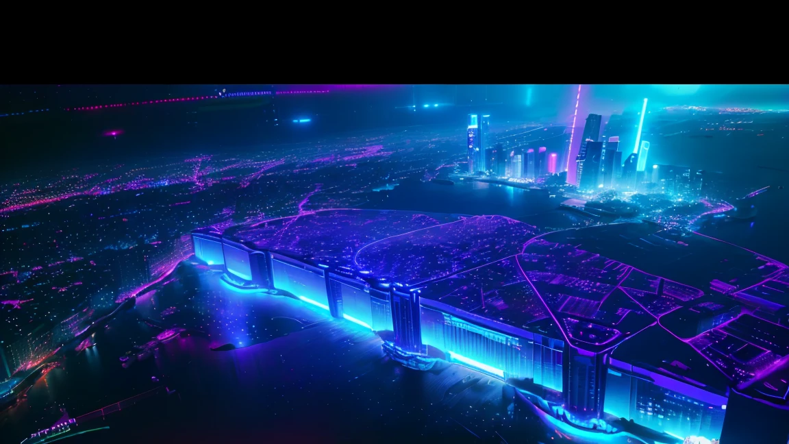 conceito:(((This is an aerial photographic masterpiece of a near-future city, portraying a cyberpunk worldview.)))。 品質:(mais alta 品質, 4K, 8K, high resolution, work of art:1.2), super verbose, (realisitic, fotorrealisitic, fotorrealisitic:1.37), Bright colors and mesmerizing effects in shades of purple and blue, SF Elements, Subject information:Aerial photo of Cyber City, From above, skyscraper, arquitectura futurista, Bright neon lights, Amazing skyline, advanced technology, ((hovering vehicle)), (((Uma bela imagem de uma cibercidade desenhada na perspectiva From above:1.3))) Outros detalhes: lively atmosphere, Holographic advertising, cyberpunk aesthetic, bluish tones, some stars shining in the sky, emerging technologies, urban density, energy and excitement, Metropolis of the future, Attractive composition, neon glow, rich colors, detailed texture, (((cyberpunk project))), Design elaborated, 大気lighting, captivating details, captivating visuals, artistic,