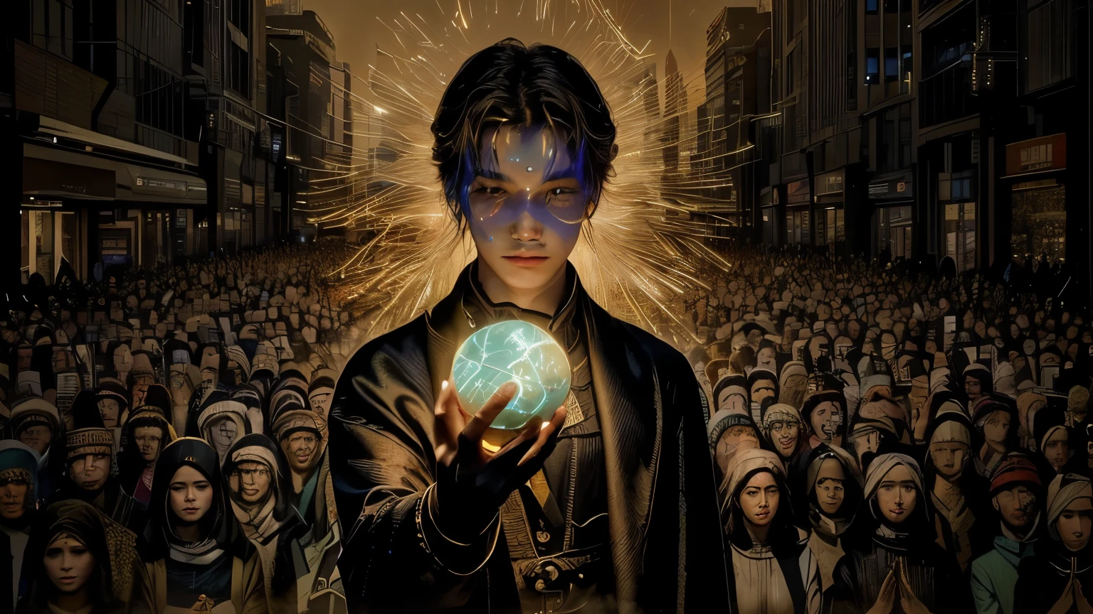 there is a painting of a man holding a ball in front of a crowd, douglas smith, orwellian style, orwellian dystopia, by Antonín Chittussi, propaganda art, the orb of truth, george orwell, synthetism, orwellian, workers revolution, style of shepherd fairey, a woman holding an orb, by Joe Machine Certainly! Here's a detailed and rich prompt for creating an image with the theme "Outsider in a Materialistic World":

Imagine a scene where a human figure, appearing serene and dressed in simple attire, stands at the center of a bustling modern city. Surrounding them are towering, gleaming skyscrapers, fast-moving cars, and busy people filling the urban landscape. The solitary figure is positioned amidst the crowd but seems to inhabit their own world.

Highlight the person's spiritual aura with a soft, ethereal light radiating around them, emitting subtle shades of blue and violet that contrast against the city's grey, metallic environment. This spiritual aura could be depicted as a gentle, luminous mist, suggesting their connection to realms beyond earthly materialism.

The figure's unique abilities can be symbolized through subtle details: perhaps they hold an ancient book adorned with mystical symbols, or their eyes convey profound and serene wisdom. The people around them, engrossed in their phones and mundane tasks, might appear indifferent or curious toward the solitary figure, creating both a visual and emotional contrast.

In the background, the urban setting glows with neon lights and illuminated skyscrapers, reflecting a consumerist and frenetic society. Yet, the solitary figure remains at peace, as if in a state of meditation or deep contemplation.

This image should convey the message of how someone with spiritual gifts and an inner connection may feel isolated in a world dominated by materialism and superficiality. They stand out not through material wealth but through their spiritual richness and the unique journey of their inner world.