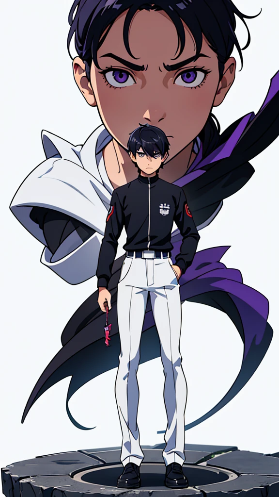 anime, anime style art, masterpiece, best quality, highres, 1 man, Baro Shoei blue lock, shcool uniform, normal clothing, black shirt, white pants black hair, short hair, extreamly short haair, teenager, light background, full body, teenager, colorful parts, bold, realistic mixing dark lines and loose lines, bold lines, on paper, human man, purple eyes, full body, imposing pose, very tall, stylish outfit, dark theme, standing, male, sharp chin, wide jaw, white background, defined eyes, ultra detail eyes, very muscular ,broad shoulders, big shoulders, black white uniform, front view, standing straight, facing towards, looking straight, looking forward, full face, clean eyes, detailed eyes, hyper realistic eyes, masculine, oval face, calm, humble, man, male, masculine, full body uniform, clear face, detailed face, full body, focused on body, facing forward, looking forward, 1 person, 1 entity focus, standing normally, holding nothing, natural pose, standing straight