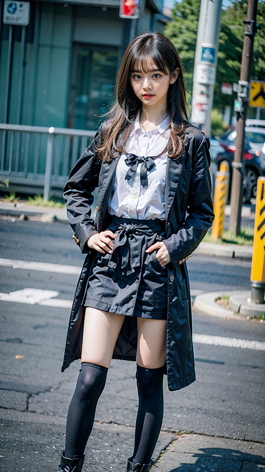 (8K、RAW Photos、Highest quality、masterpiece:1.2)、(Realistic、Photorealistic)、1 Girl、((In town、Pink Coat、Black Mini Skirt、Ribbon on chest、Blonde、Knee socks、boots、Big Breasts、Look forward、Standing with hands on hips))、