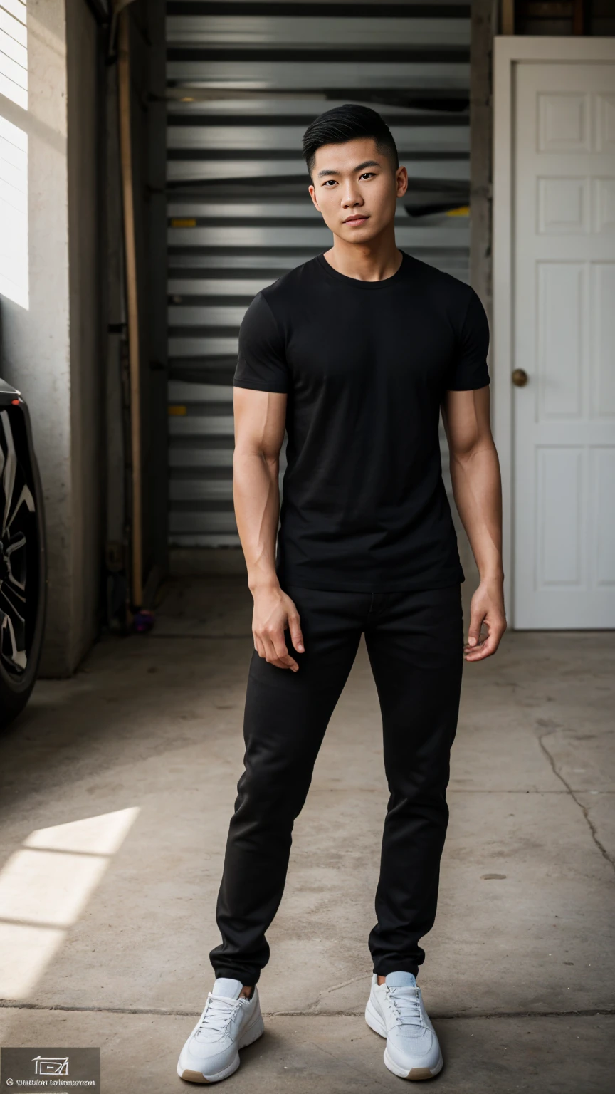 RAW, Best quality, high resolution, (masterpiece: 1.3), full body image, muscular asian young woman in black shirt, pants, shoes, Masterpiece, young man face, cute man face, cleanshaven, bright skin, rough skin, fierce eyes, soft smile, standing in a garage, masculine gesture, strong expression, body facing viewer, looking to viewer, at noon, Great lighting, great sunlight, Bright colors, Ultra realistic clean lines, very realistic