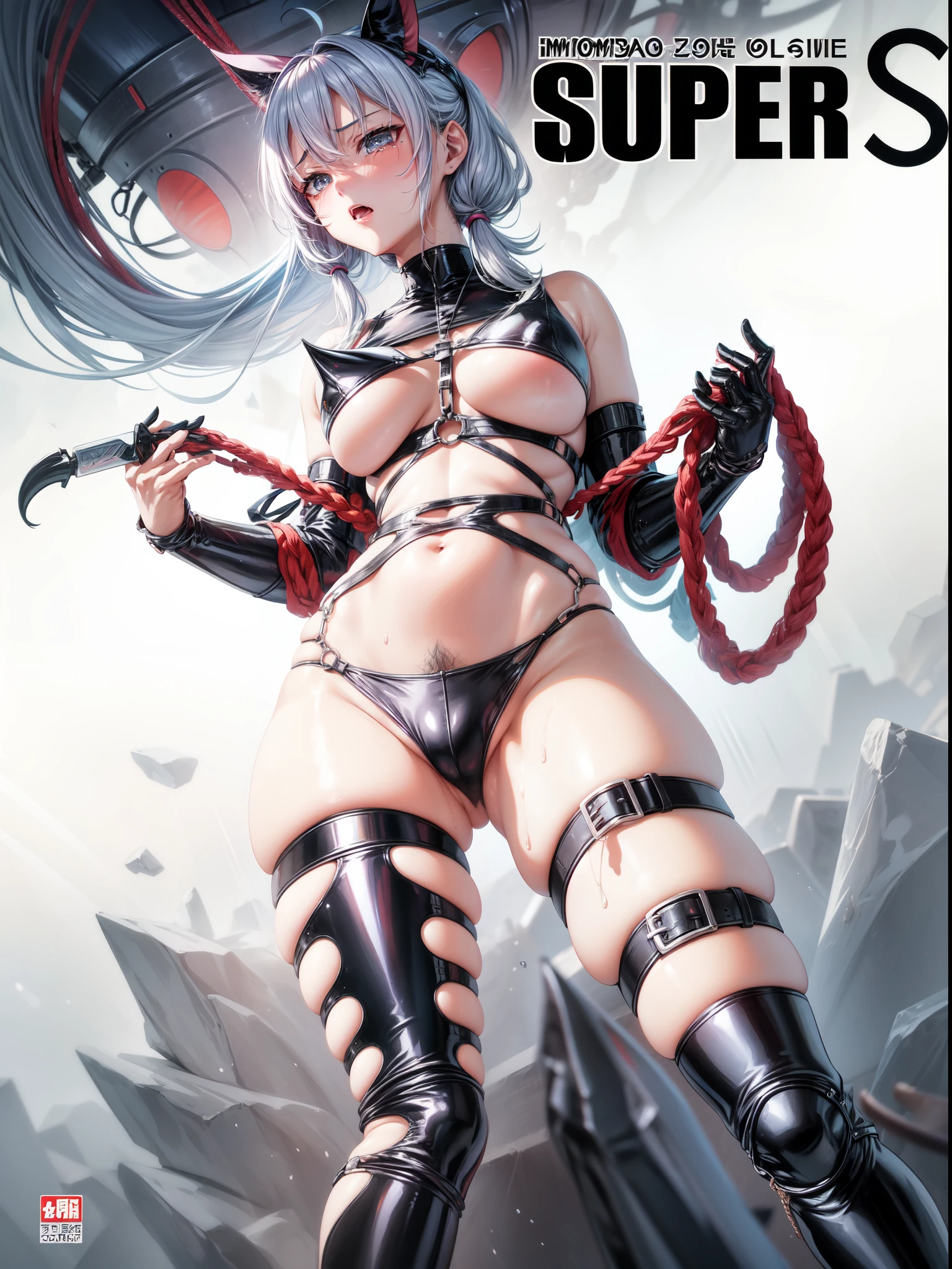Japanese girl、Female Combatant、Close-up of a girl in black bondage、Black Leather Shiny Bondage、Black fishnet stockings、Black shiny boots、black bondage mask、Saiyan Girl, wonderful, Nano Girl, Female body type, Inspired by Hiromu Arakawa, Anime Manga Robot!! Anime Girls, fubuki, Full Body Suit, by Hiromu Arakawa、wonderful, silk, Beautiful and attractive anime , Anime Girls of the future, tears,Drooling,Pee,incontinence,Peeing、Estrus、Eyes wide open,Estrus,Blushing,Nipples are erect,Face is hot、Lust、incontinence、Armpit Hair、Thick pubic hair、Nipples are erect、Sweaty、wet、Pubic hair from panties!、腋からArmpit Hair!Doomsday Demon、Anguished expression、Boobs pop out、Unzipping pants、It stimulates the groin、Overflowing with pubic hair