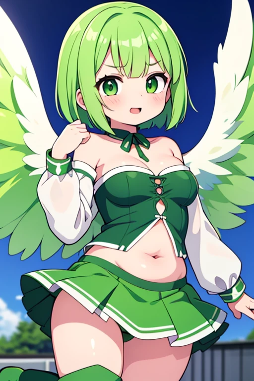 , Angel Girl, Light Green Wings, Green hair, Short straight hair, Green eyes, Short skirt, Green skirt, Small strapless blouse, Short blouse up to the abdomen, Green long sleeve, Blouse that reveals the shoulders And the neck. , Shows navel, With green boots, expression: happy, Big Breast