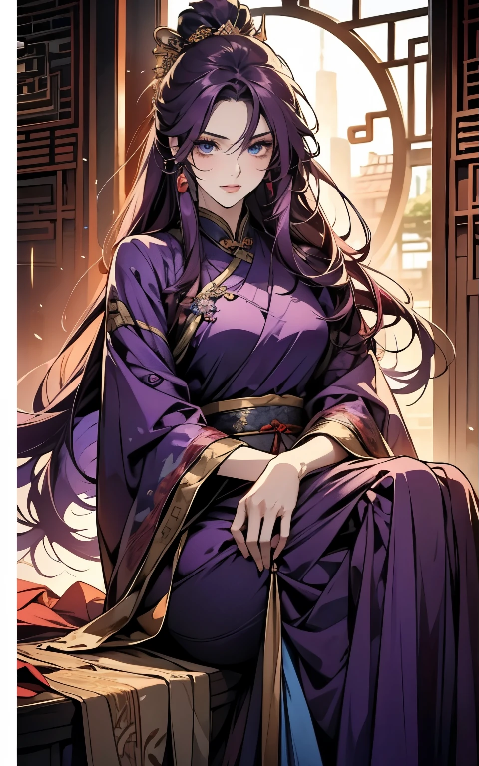 1 middle-aged women, (45 years old), long purple hair, blue eyes, chinese clothes, (!PURPLE! clothes, ultra long skirt ), purple chinese room, portrait