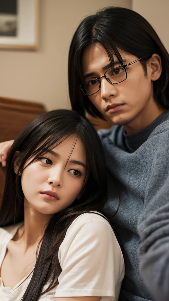 Two men, long yellow hair with ponytail, short Black hair, wearing glasses, watching tv, hugging 