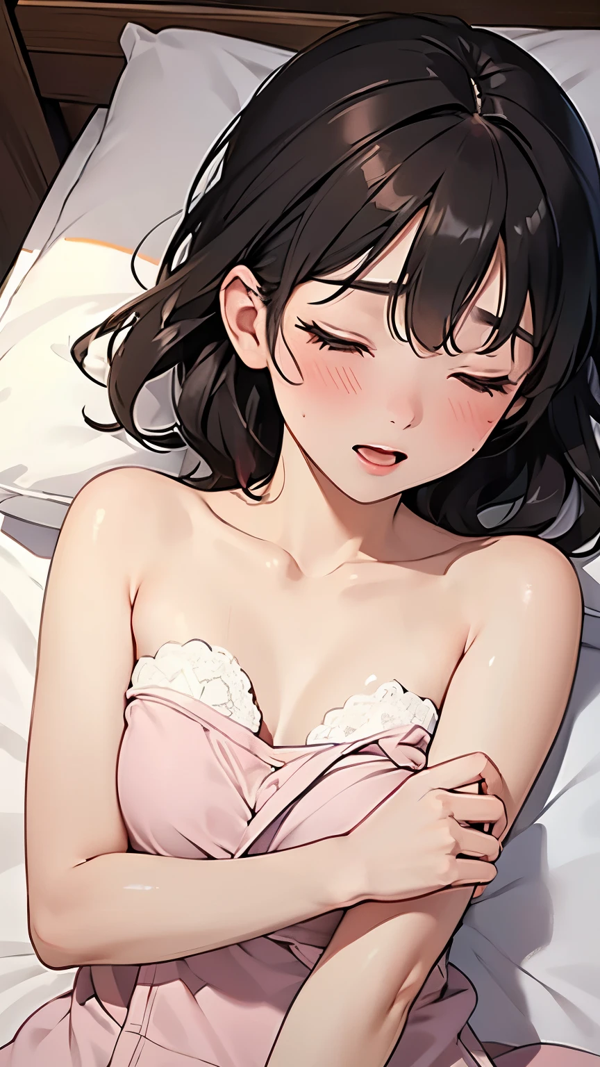 1女高中生Lying on your side in bed，Show your shoulders，Close your eyes，blush，Open mouth slightly，Covered with a towel，Lying on your side in bed，Sweat all over the body，Curved body，High top view，Full body image