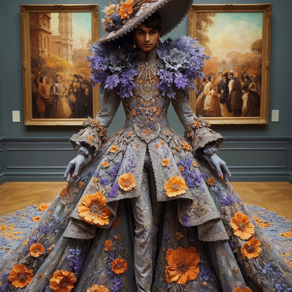 stunning (((brown indian male))) adorned in a breathtaking, ((grey floral)) (((art piece costume with orange flowers and purple leaves pattern))), intricately detailed layers and flawlessly perfectly fitted to his shape. The garment, inspired by impressionism art with matching jewellery, is embellished with delicate embroidery and shimmering crystals. Matching (cyan gloves) adorns his hands and a ((gorgeous victorian hat)) complementing his elegant costume. Muddy brown background.