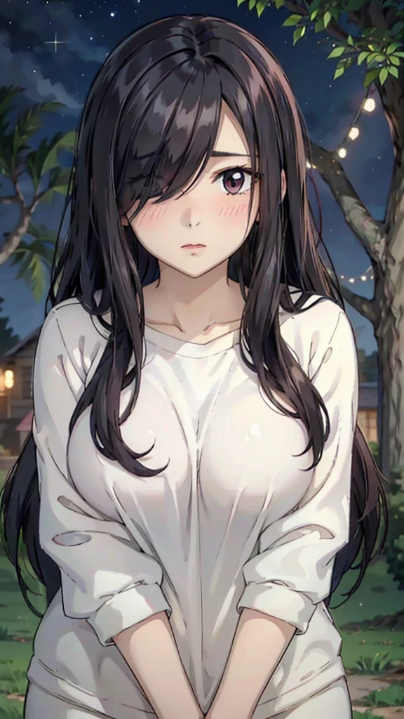 Cute mommy, mature women, realistic skin,perfect ,black hair, long hair, (hair over one eye:1.4), messy hair, hair between eyes, pajama, chubby,plump,fat,cute shy blush on, under tree,night