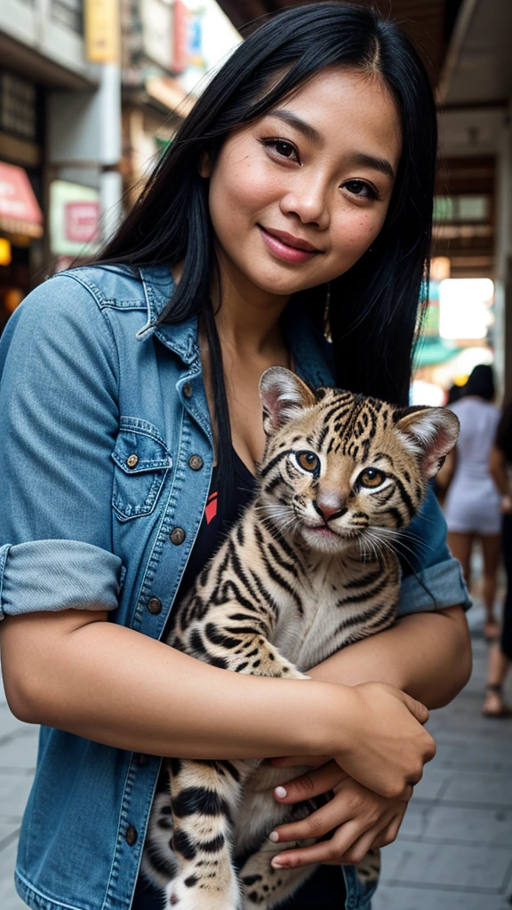 real photo, Indonesian plump woman, 40 years old, long hair, smiling cheerfully, Denim clothes, holding a ocelot cat, in the busy sidewalks of Pattaya