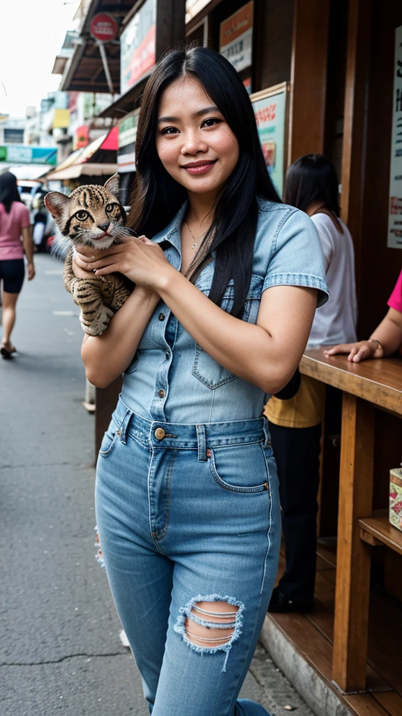 real photo, Indonesian plump woman, 40 years old, long hair, smiling cheerfully, Denim clothes, holding a ocelot cat, in the busy sidewalks of Pattaya