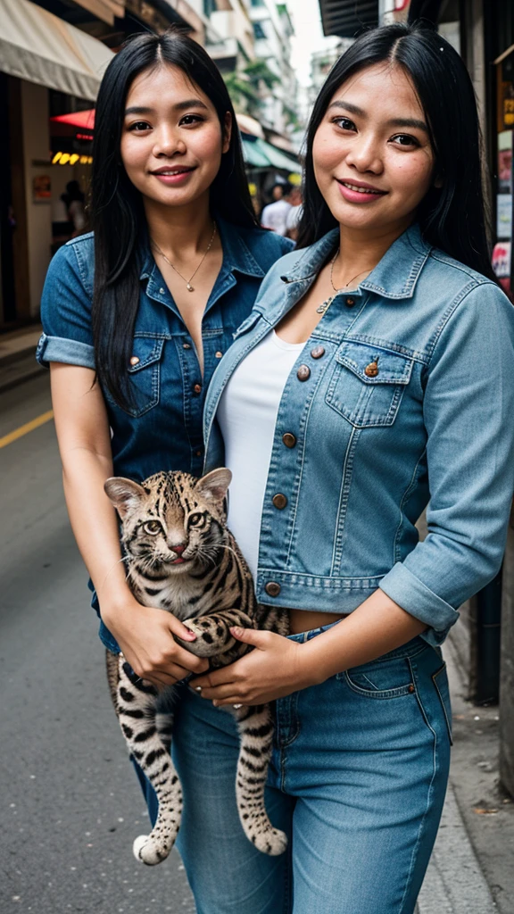  real photo, Indonesian plump woman, 40 years old, long  hair, smiling cheerfully, Denim clothes, holding a ocelot cat, in the busy sidewalks of Pattaya
