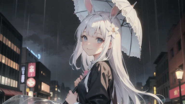 This is a cute girl digital art, 1girl, rabbit ear, flower, long hair, white hair color, solo, smile, hair flower, hair ornament, bangs, city, rain, raining , umbrella, holding umbrella, looking away, looking up, 