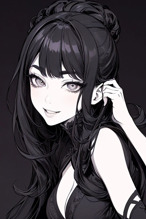 Highest quality, (Background details), High Contrast, Very beautiful woman, Detailed original illustrations、Functional、Kuno、Ninja costume、Delicate face、Fascinating、Villainess、sexy、Real breasts、Crazy Smile, Crazy Eyes, Head close-up, Black background, (Black background: 1.5), Beautiful line art、Monochrome