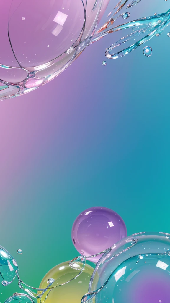 Background wallpaper for your desktop in the form of color shapes like liquid glass with connecting translucent bubbles in the colors of violet, blue, pink,, turquoise, pastel shades, pale green and pale yellow, magnificent liquid glass ornaments 