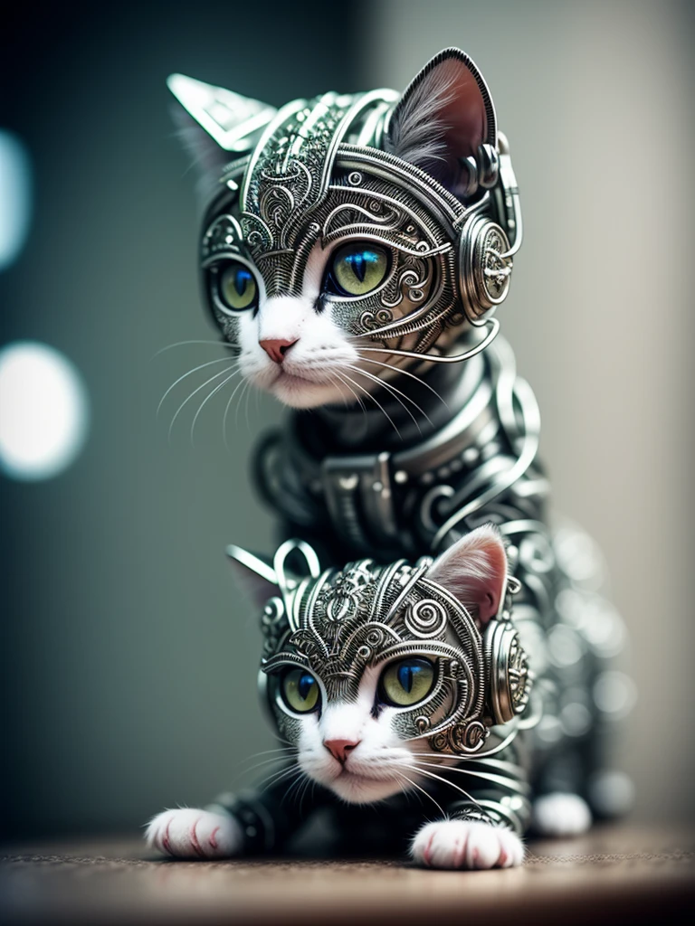 a cute kitten made out of metal, (cyborg:1.1), ([tail | detailed wire]:1.3), (intricate details), hdr, (intricate details, hyperdetailed:1.2), cinematic shot, Vignette, centered
