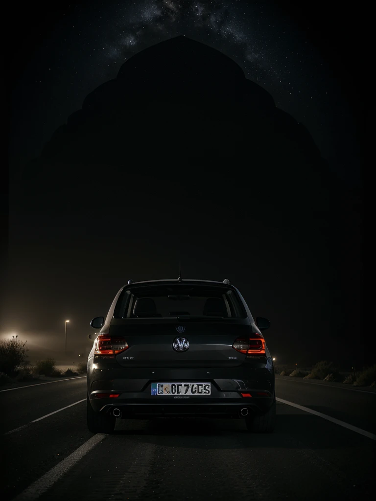 work of art, fantastic quality, a beautiful black VW Polo TSI, without plates, in the middle of a desert highway, shrouded in dust and fog, on a very dark and dense night, with huge sports wheels, a very dark appearance