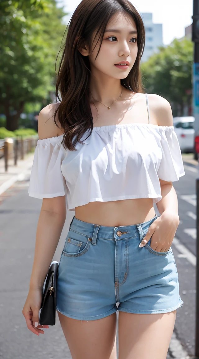 Highest quality masterpiece 8K Ultra-detailed Face 茶髪のBeauty Highest quality masterpiece 8K Ultra-detailed Face Beauty Shoulder-length hair Thighs Off the shoulder Clothes with exposed shoulders Summer clothes Panty shots from the gap in shorts M-shaped legs Panties are visible through the gap in her shorts Spread your legs