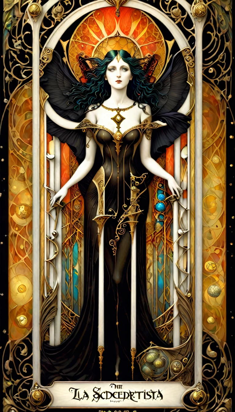 tarot card, the priestess, woman between two columns, one white column and one black column, FULL frames of tarot cards ((text on card: "LA SACERDOTISA")) (by dave mckean, intricate details, oil). bright colors, oil paint)
