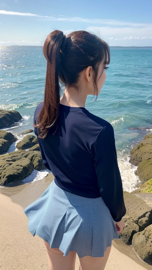 Sea of Japan、sunny、Quiet Sea、(Rear view of one woman:1.4)、T-Shirts、Frilled Skirt、ponytail、Long sleeve、Morning Glow、Asahi