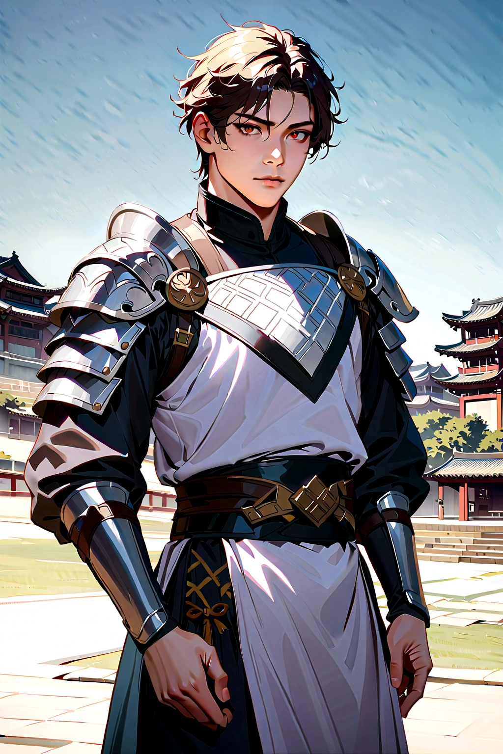 25 year old Chinese man,middle aged man,realistic,chinese_Armor,alone,Background of ancient chinese cities,detailed_eye,shoulder_Armor, pitching,(검은 eye),looking at viewer,(masterpiece:1.2), (best quality:1.2), perfect eye, perfect face, perfect lighting, (8K),(complete anatomy), Nee Shot