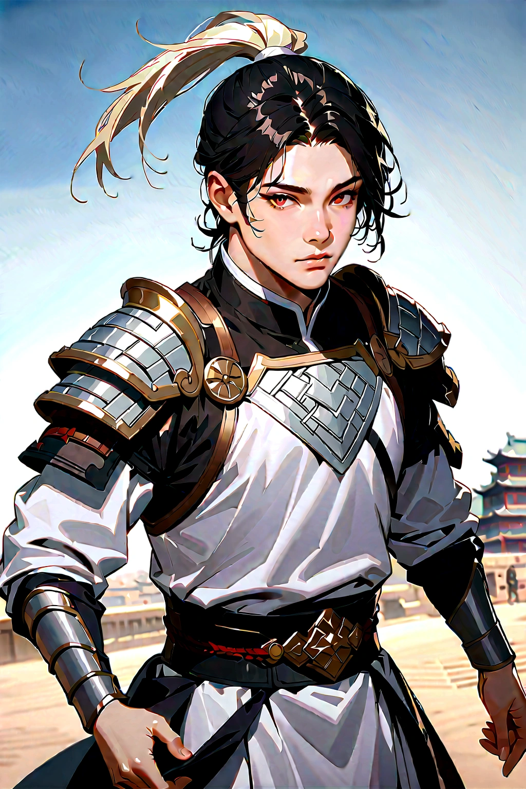 25 year old Chinese man,middle aged man,realistic,chinese_Armor,alone,Background of ancient chinese cities,detailed_eye,shoulder_Armor, pitching,(검은 eye),looking at viewer,(masterpiece:1.2), (best quality:1.2), perfect eye, perfect face, perfect lighting, (8K),(complete anatomy), Nee Shot