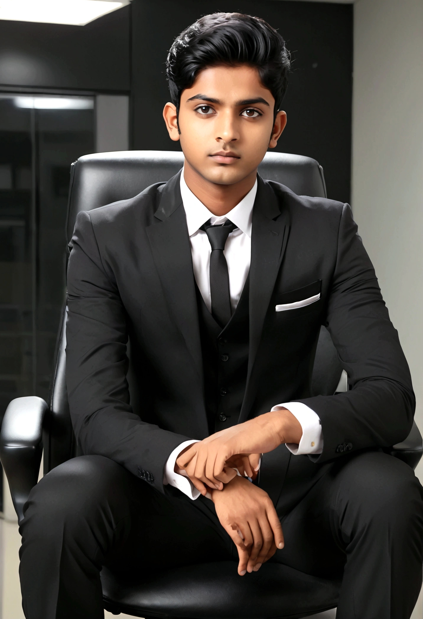 a 21 years old Indian bihari man, honey skin, short black hair, wearing black suit & pant, sitting on black office chair, image fill, best quality, 1080P, HD, 16k, super detail