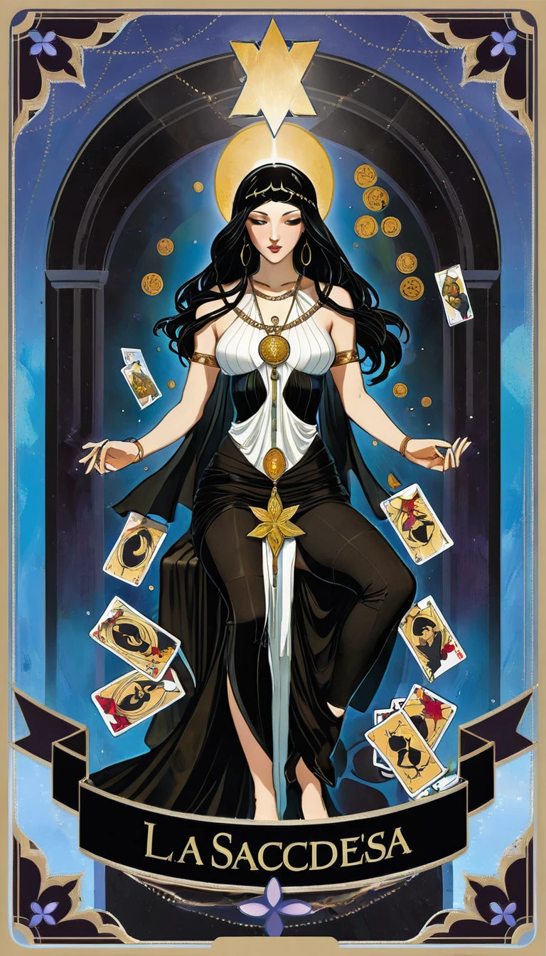 tarot card, the priestess, woman between two columns, one white column and one black column, FULL frames of tarot cards ((text on card: "LA SACERDOTISA")) (by dave mckean, intricate details, oil). bright colors, oil paint)
