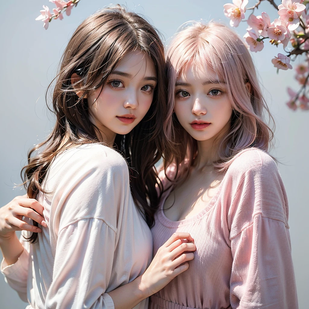 Japanese,Bob Hair,Light pink hair, Pink Eyes, Pink and white, Cherry leaves, Vibrant colors, White clothes, Paint splashes, Simple Background, Ray Tracing