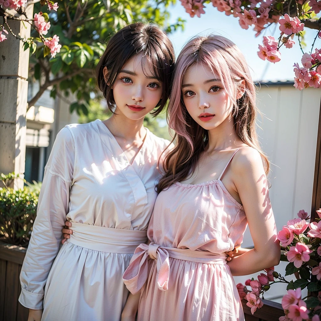 Japanese,Bob Hair,Light pink hair, Pink Eyes, Pink and white, Cherry leaves, Vibrant colors, White clothes, Paint splashes, Simple Background, Ray Tracing