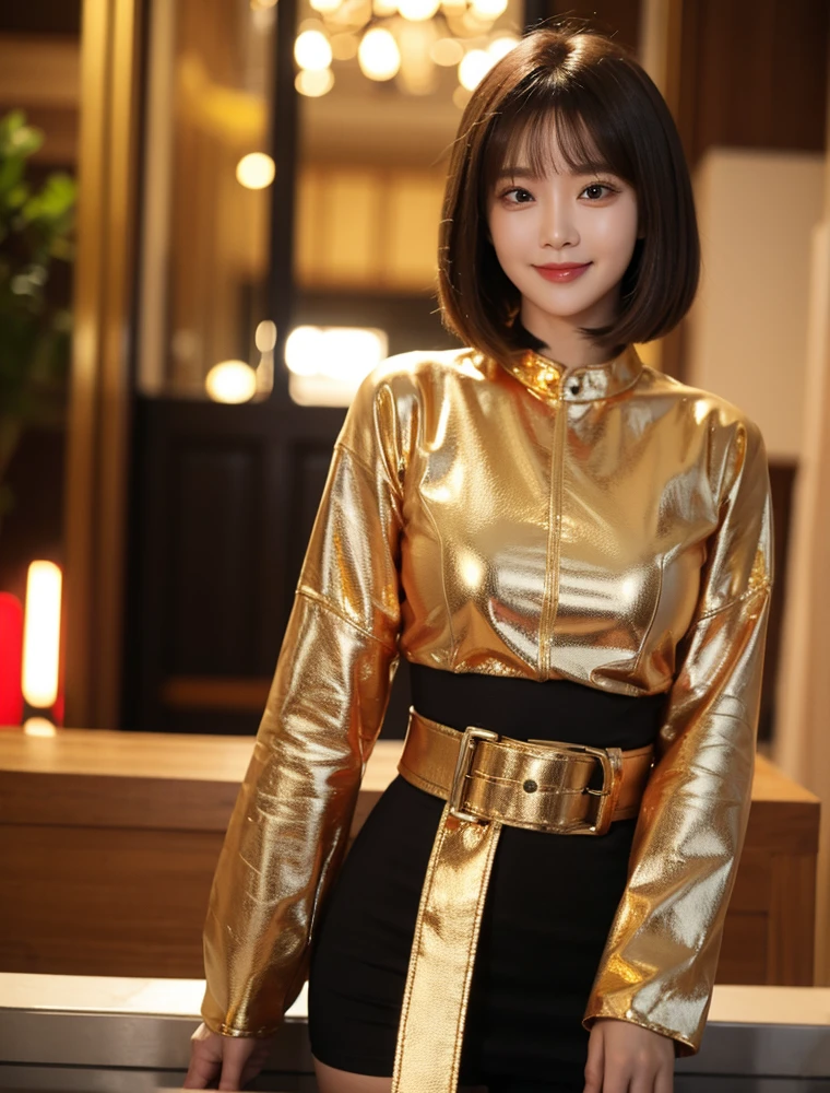 Woman full robotics body, red gold, belt, red eyes, smile, beautiful Bob cut streat, standing.