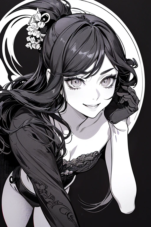 Highest quality, (Background details), High Contrast, Very beautiful woman, Detailed original illustrations、Functional、Kuno、Ninja costume、Delicate face、Fascinating、Villainess、sexy、Real breasts、Small breasts、Crazy Smile, Crazy Eyes, Head close-up, Black background, (Black background: 1.5), Beautiful line art、Monochrome
