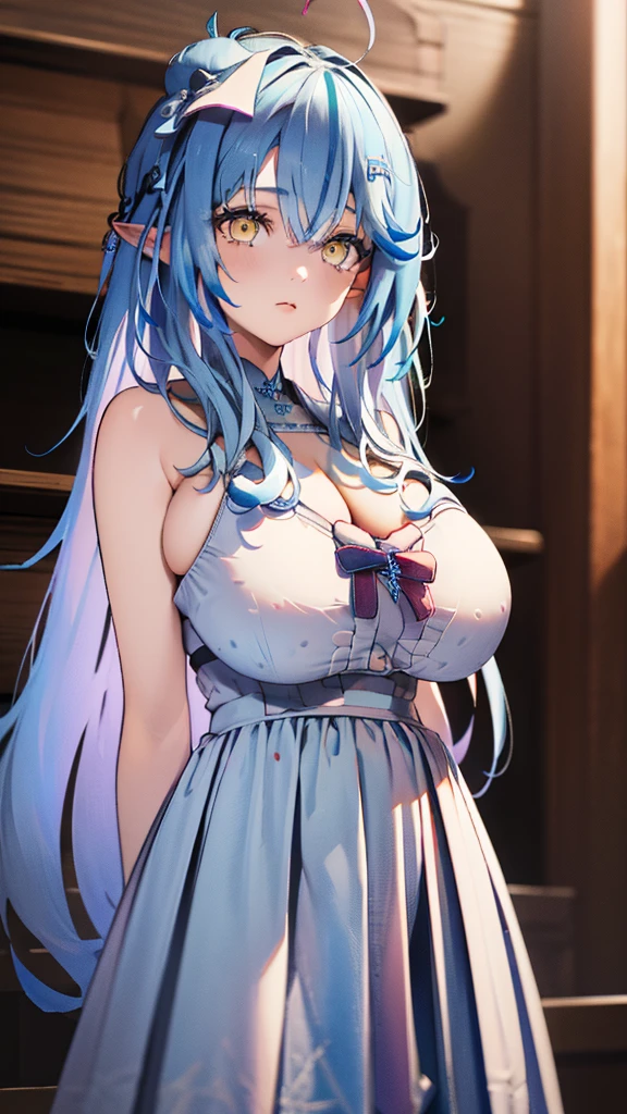 Ultra-high resolution,masterpiece, Attention to detail, Highest quality, 4K,(Light blue long hair),(well endowed,Captivating body、Ultra-detailed skin、Beautiful eyes、Detailed Background),1girl、(Wedding dress、Embarrassed)