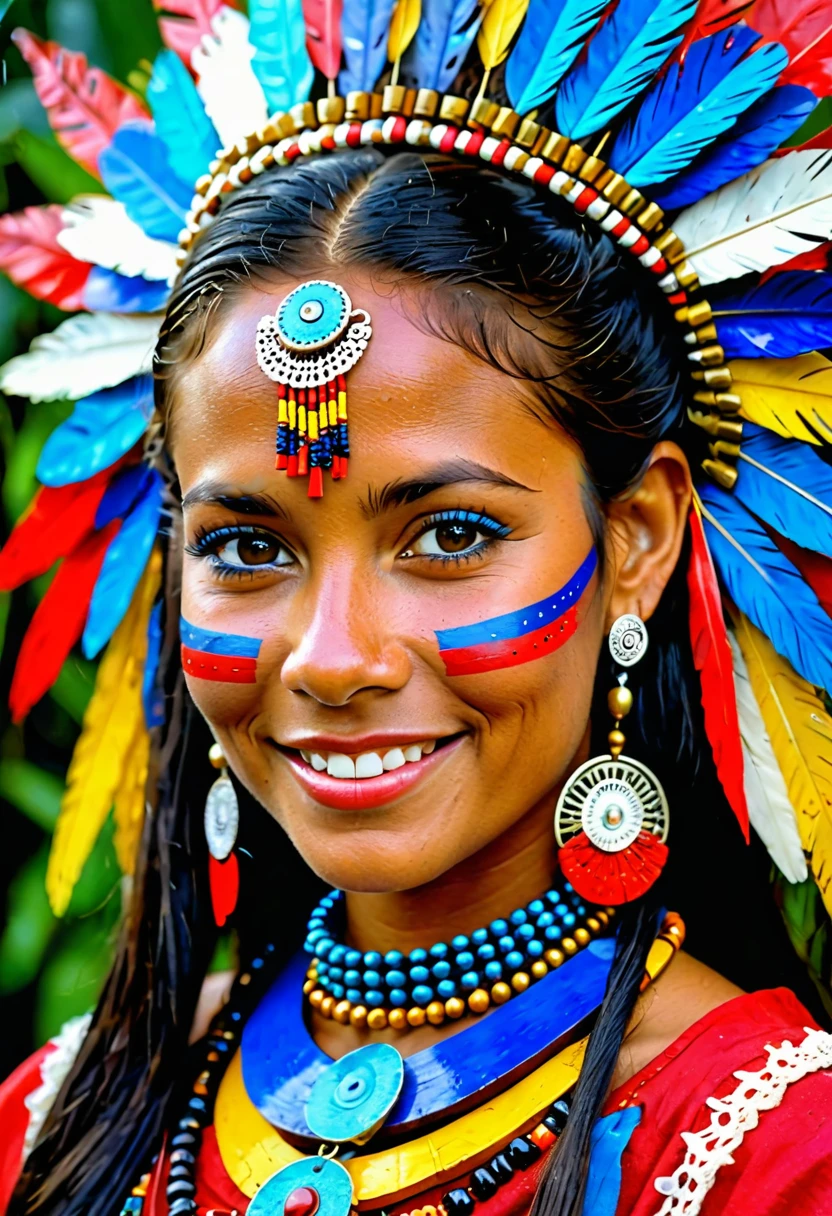 An ultra realistic image featuring a Guarani woman from Brazil, adorned with traditional tribal makeup, smiling brightly against an abstract, uniquely indigenous style background. Her long, wavy dark hair cascades down her back, and her eyes sparkle with the vibrancy of rich, red, white, and black colors that highlight her deep connection to her culture. She wears a garment typical of the Guarani people, and the soft, warm lights illuminating her face create a captivating, glowing effect. This photorealistic portrait showcases the beauty and essence of the Guarani people, captured in a masterpiece by a talented artist. estilo steampunk ((Obra de arte)), ((surpreendente)), ((Impressionante)), ((espetacular)), ((imersivo)), ((Extraordinário)), animal, coruja, Caçador, Pássaro noturno, Estilo 3D, Arte 3D estereoscópica, Arte tridimensional, Renderização 3D, iluminação cinematográfica, iluminação ambiente, iluminação dramática, iluminação evocativa, circular polarizer, Aprimoramento do céu azul, aumento do contraste, Filtro polarizadorRobot short twintails, na cidade espacial, ciberpunk, jaqueta vermelha na chuva, extremely high quality Robot pig na cidade espacial, ciberpunk, jaqueta vermelha na chuva, filme de qualidade extremamente alta ainda, filme ainda, cinematic, tomada cinematográfica, iluminação cinematográfica, foto macro, Filme 35mm, olhos verdes, olhos azuis, olhos castanhos, fechar-se, dentes, aparelho ortodôntico . Antique, Mecânico, tons de latão e cobre, engrenagens, intricado, detalhado