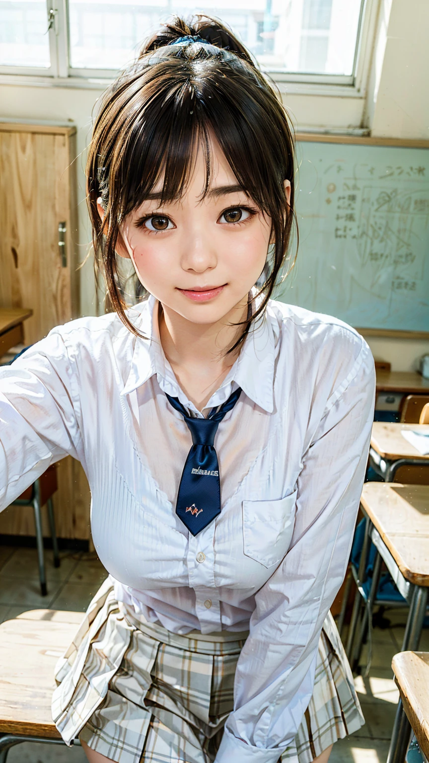 8K quality,(super masterpiece:1.3),Highest quality,Detailed Images,The real picture,Natural lighting,symmetrical beauty,1 female,Japanese,20-year-old,(微smile,smile,smile),Hairstyle(Medium Hair,Curly Hair,ponytail),(very cute:1.3),Thick eyebrows,(Double:1.2),(Realistic eyes:1.1),clothing(White shirt,tie,,uniform,skirt,tights),(The background is school,classroom),(Face directly towards the camera,Looking directly at the viewer,looking at the camera,The body faces the viewer,The body is facing the direction of the camera,Face looking straight into the camera).