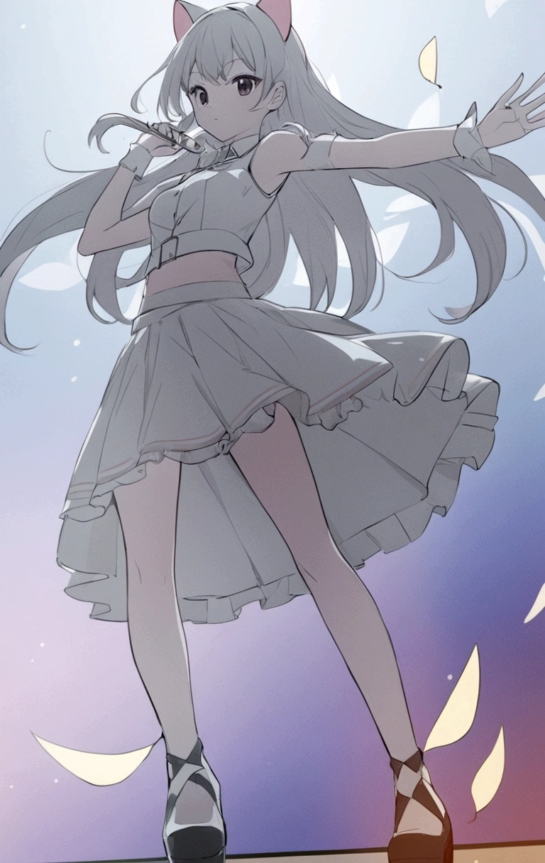 Anime girl in a skirt and shoes standing on the stage, Idol singer , Fluttering skirts，Long hair，Catwoman，Clear anime silhouette, Anime style超详细, Clear clothing design, Anime art style, Pixiv Style, 扁平Anime style阴影, Anime style, The art of math