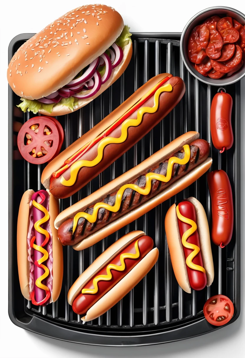 digital illustration, red charcoal grill, straight on view, white background, Hamburger meat and hot dogs