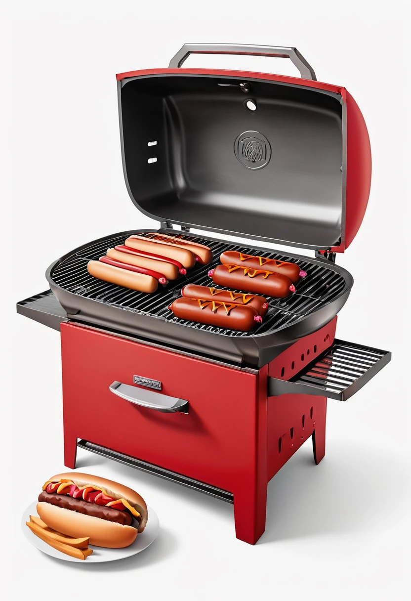 digital illustration, red charcoal grill, straight on view, white background, Hamburger meat and hot dogs