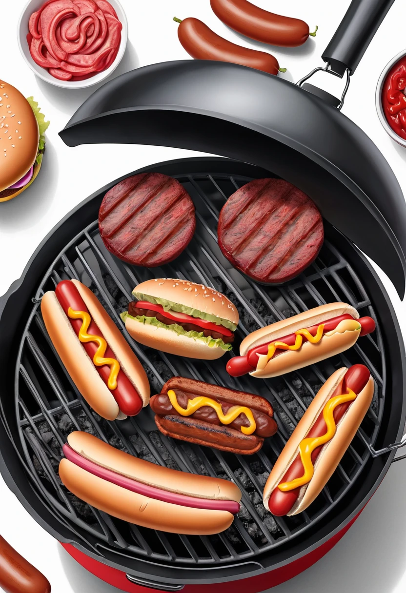 digital illustration, red charcoal grill, straight on view, white background, Hamburger meat and hot dogs