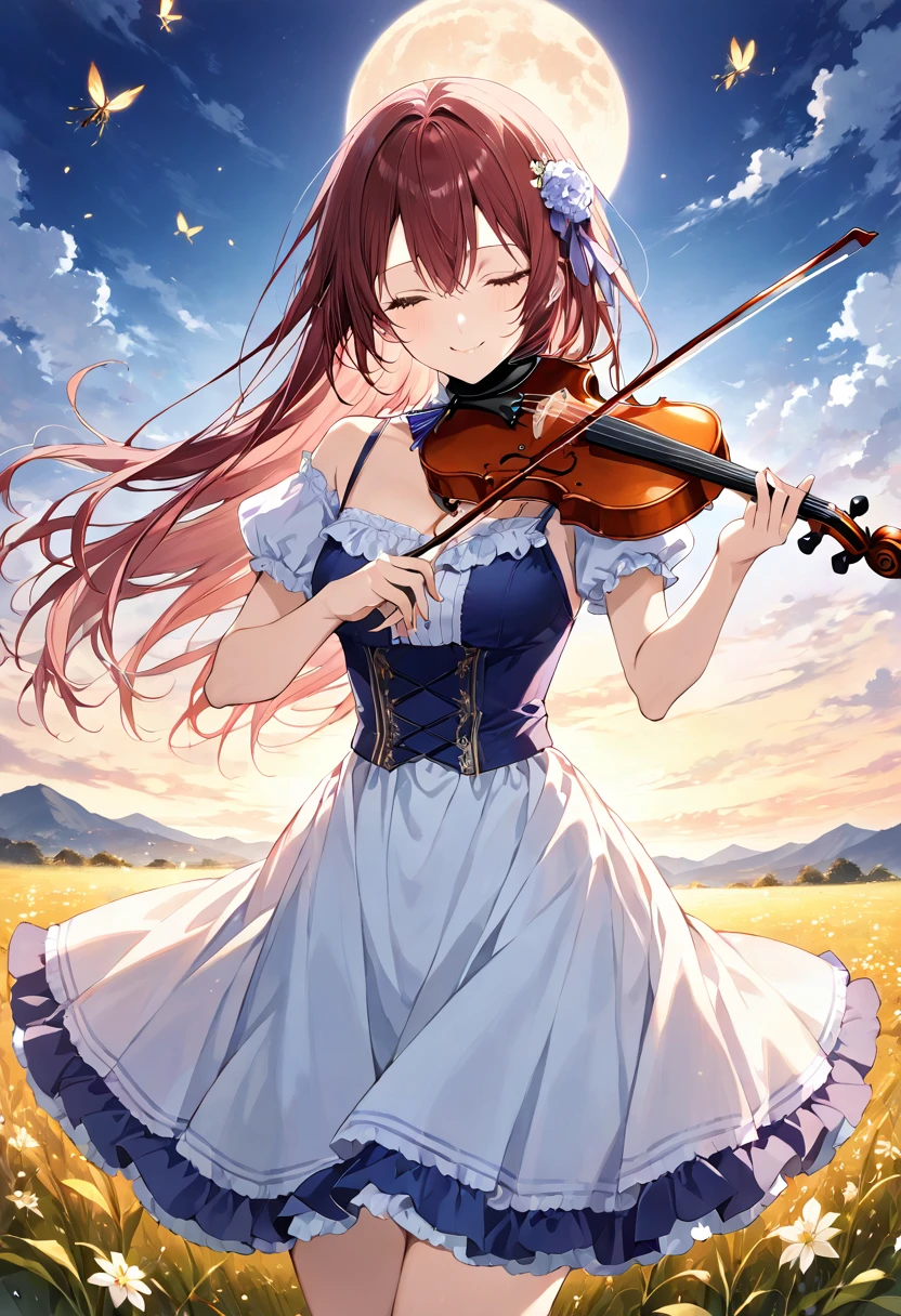 (Highest quality,16K,masterpiece:1.37), Kaori Miyazono \(Your Lies in April\), (Playing the violin) Under the moonlight, In a field full of (fire Fly), close your eyes, A kind smile, A deep sense of melancholy fills the scene.