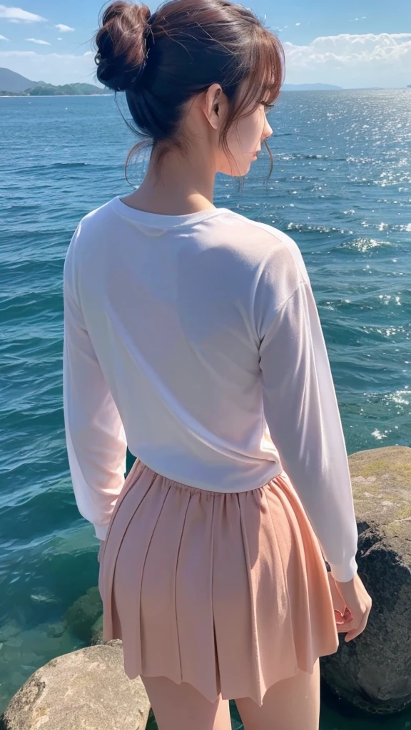 Sea of Japan、sunny、Quiet Sea、(Rear view of one woman:1.4)、T-Shirts、Frilled Skirt、ponytail、Long sleeve、Morning Glow、Asahi