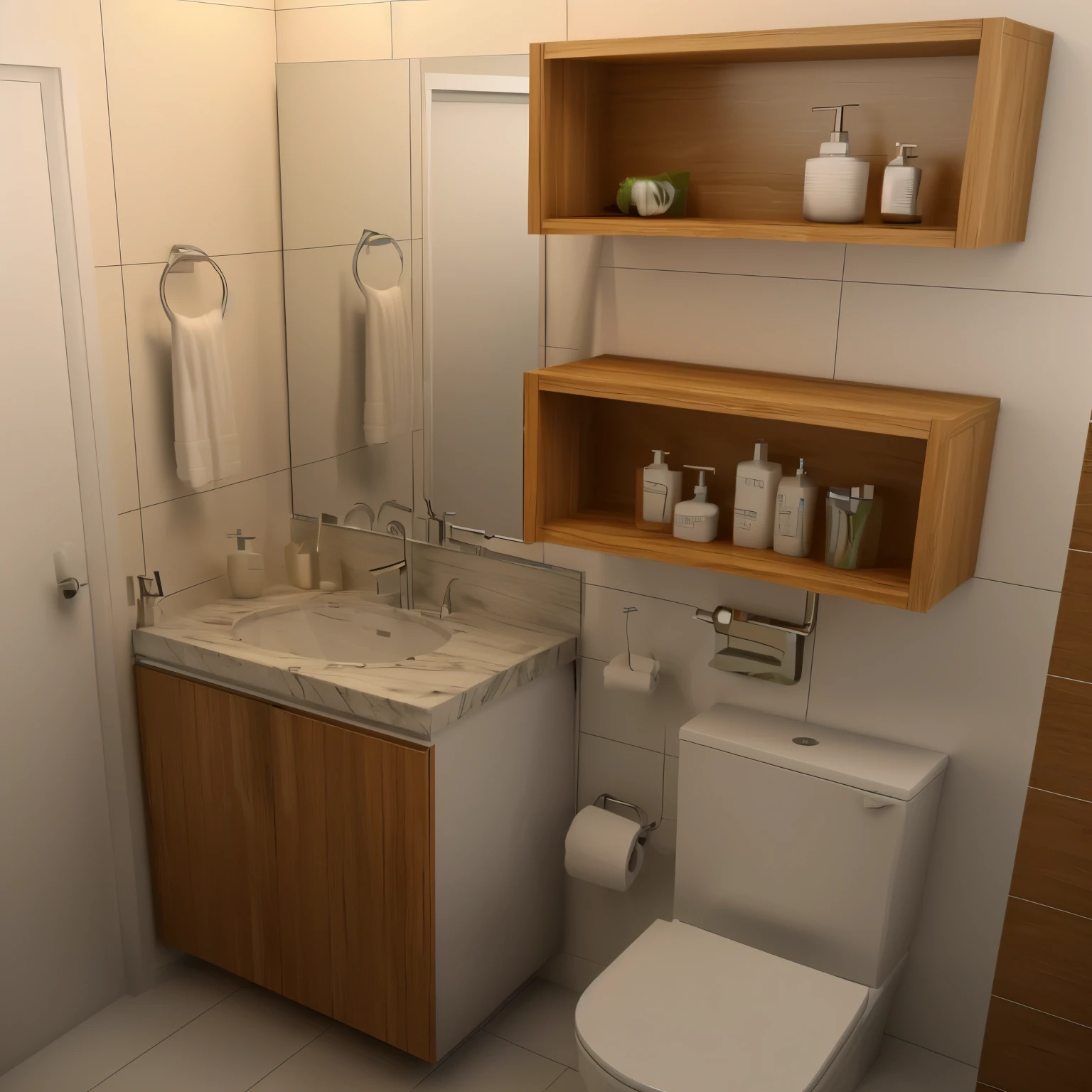 There is a bathroom with toilet, sink, and shelves, semi-realistic rendering, rendered in v-ray, render in vray, render vray, high quality 3D rendering, high quality 3D rendering, photo realistic rendering, rendering in unreal 3d engine, photorealistic 3d render, photorealistic 3d render, rendered in vray, modern bathroom