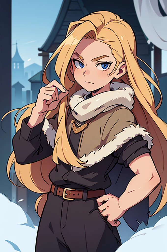 Character design, many poses, young man with long blond hair, clothes of fur made for the cold in medieval style, (detailed), perfect face, anime style, 2D