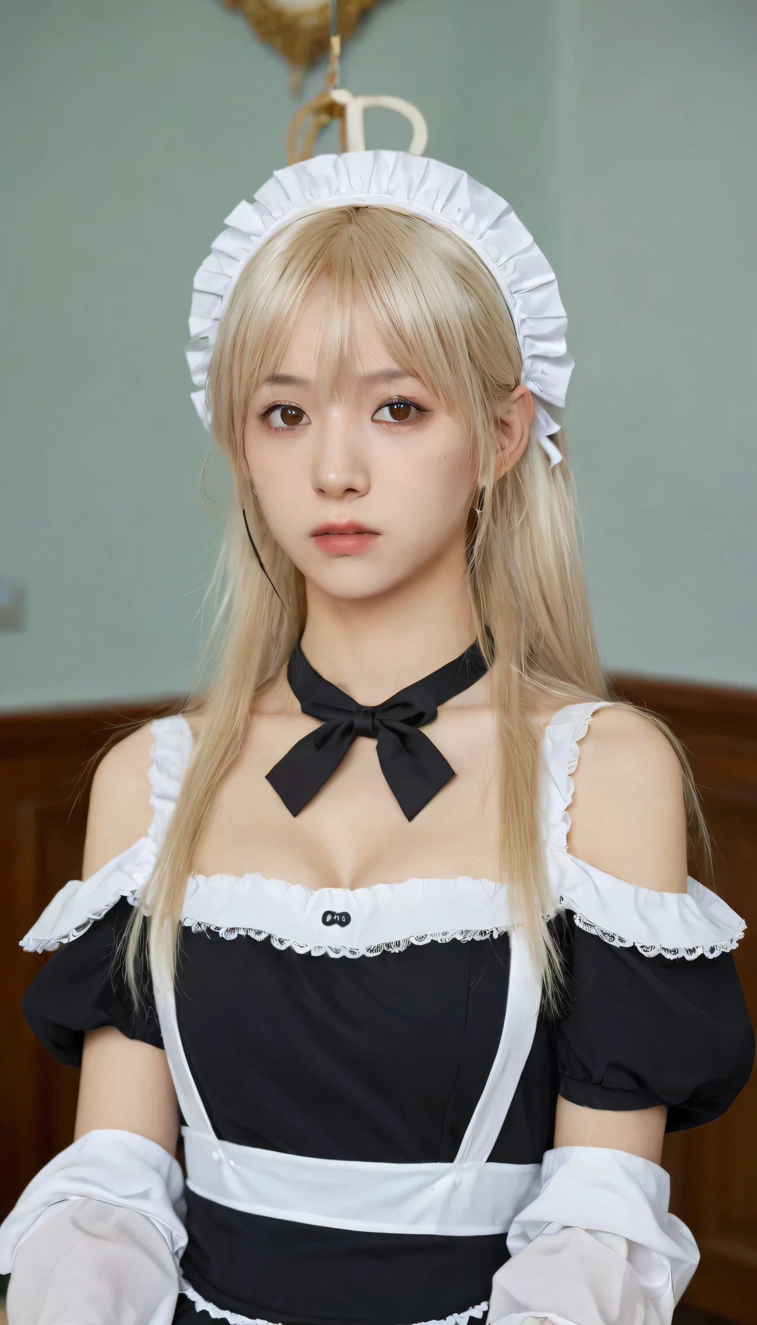 masterpiece, best quality, Very detailed, high resolution, Human Development Report,, Joe Bit, what is, not feeling good,, 1 Girl, Solitary, Bangs, Bare shoulders, breast, Brown eyes, Clamps (Circle) (style), Platinum blonde hair, Very long hair, ear, small breast, Capillary,, maid, maid headdress, maid apron, victorian maid, maid dress,, mksks style, Beautiful background, Detailed background, professional lightning, building, indoor, Kaneko ornament, Kaneko, Kaneko effects,